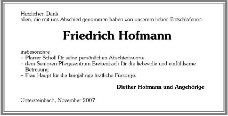  Traueranzeige für Friedrich Hofmann vom 02.11.2007 aus 