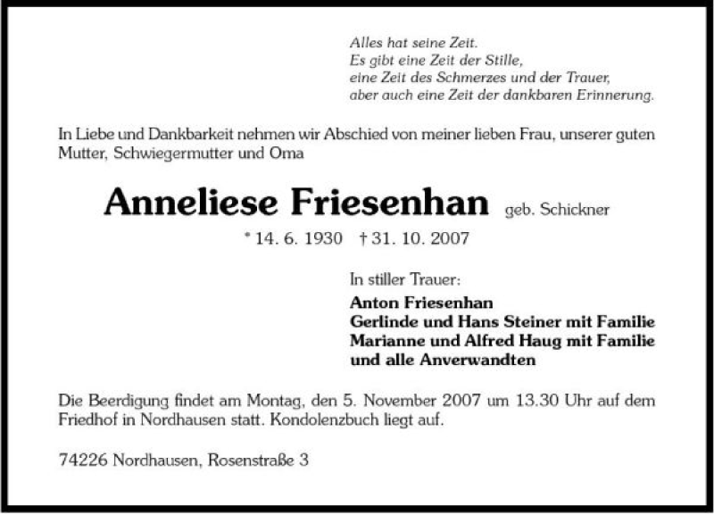  Traueranzeige für Anneliese Friesenhan vom 02.11.2007 aus 