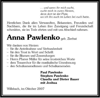 Traueranzeige von Anna Pawlenko 