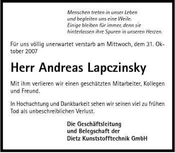 Traueranzeige von Andreas Lapczinsky 