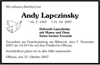 Traueranzeige von Andy Lapczinsky 