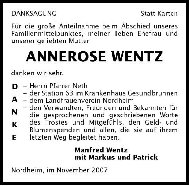  Traueranzeige für Annerose Wentz vom 03.11.2007 aus 