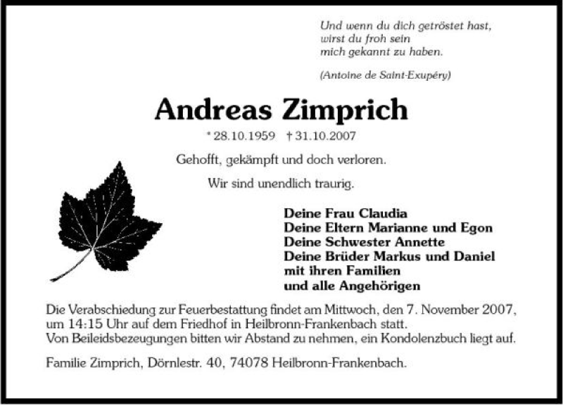  Traueranzeige für Andreas Zimprich vom 05.11.2007 aus 