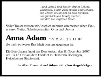 Traueranzeige von Anna Adam 