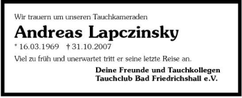 Traueranzeige von Andreas Lapczinsky 