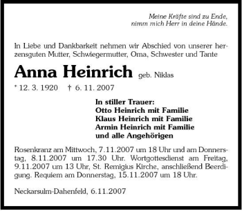 Traueranzeige von Anna Heinrich 