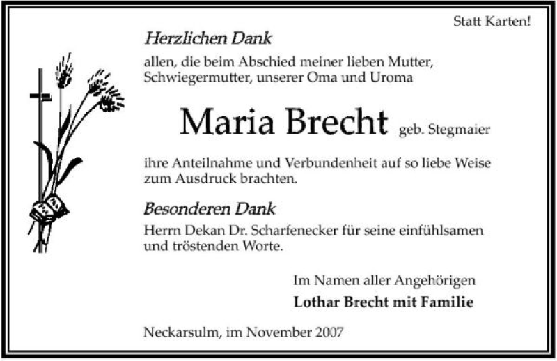 Traueranzeigen von Maria Brecht | www.trauerundgedenken.de