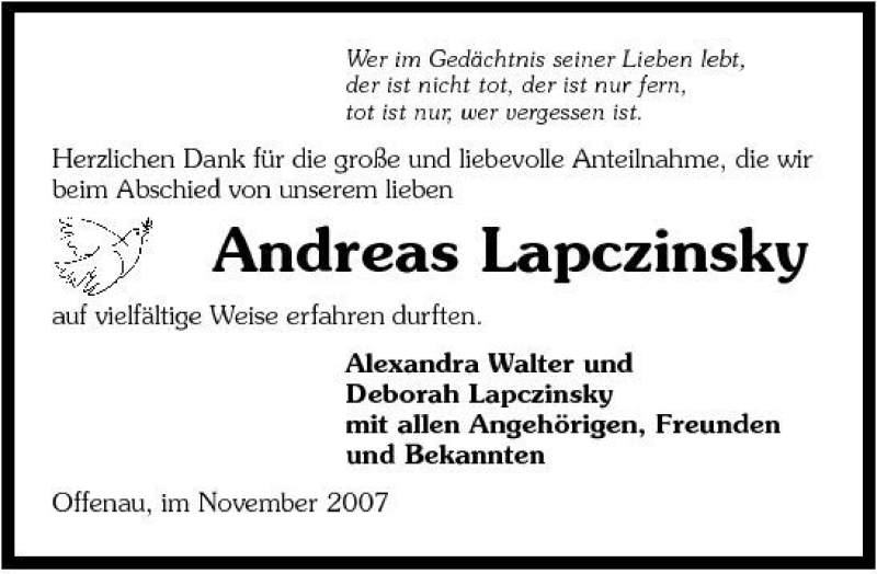  Traueranzeige für Andreas Lapczinsky vom 10.11.2007 aus 