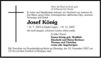 Traueranzeige von Josef König 