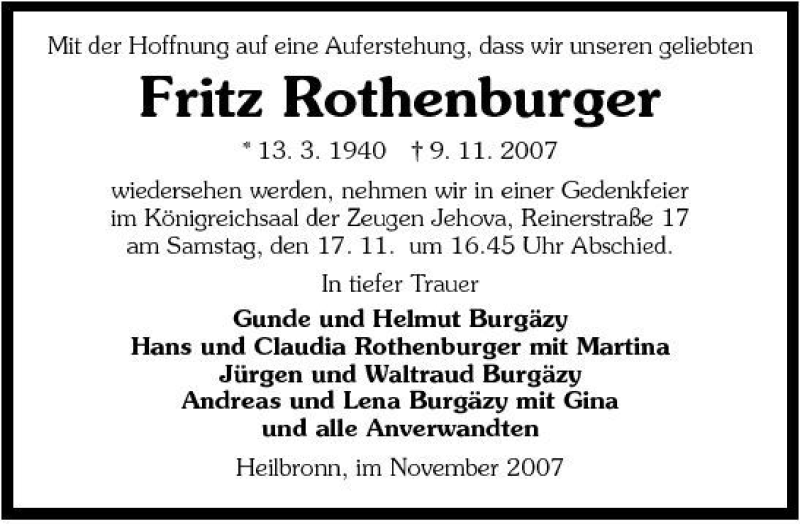  Traueranzeige für Fritz Rothenburger vom 13.11.2007 aus 