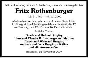 Traueranzeige von Fritz Rothenburger 