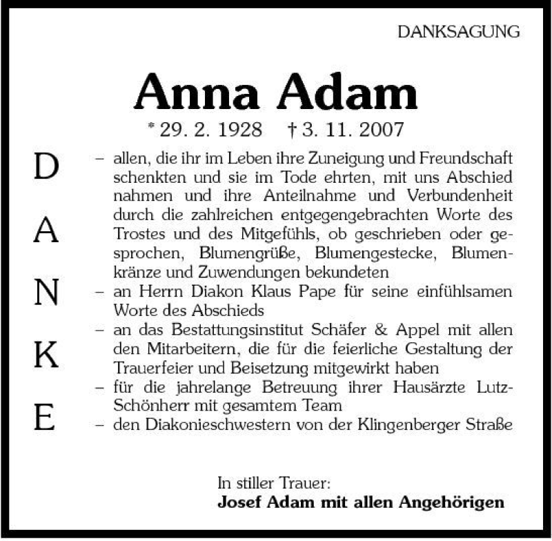  Traueranzeige für Adam Anna vom 14.11.2007 aus 