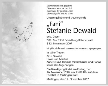 Traueranzeige von Stefanie Dewald 