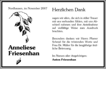 Traueranzeige von Anneliese Friesenhan 