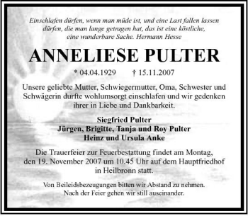Traueranzeige von Anneliese Polter 