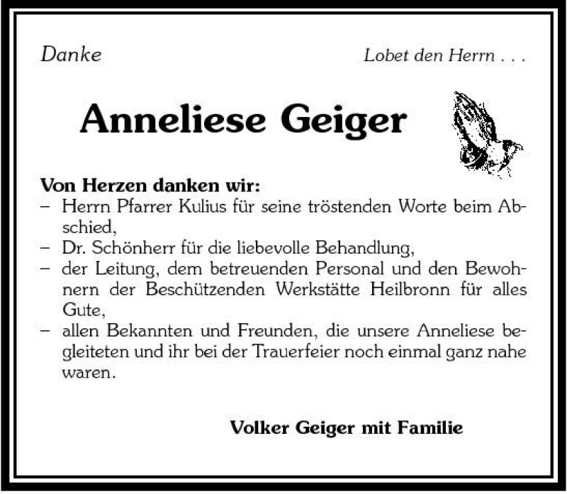  Traueranzeige für Anneliese Geiger vom 19.11.2007 aus 