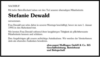 Traueranzeige von Stefanie Dewald 