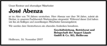 Traueranzeige von Jose Abenza 