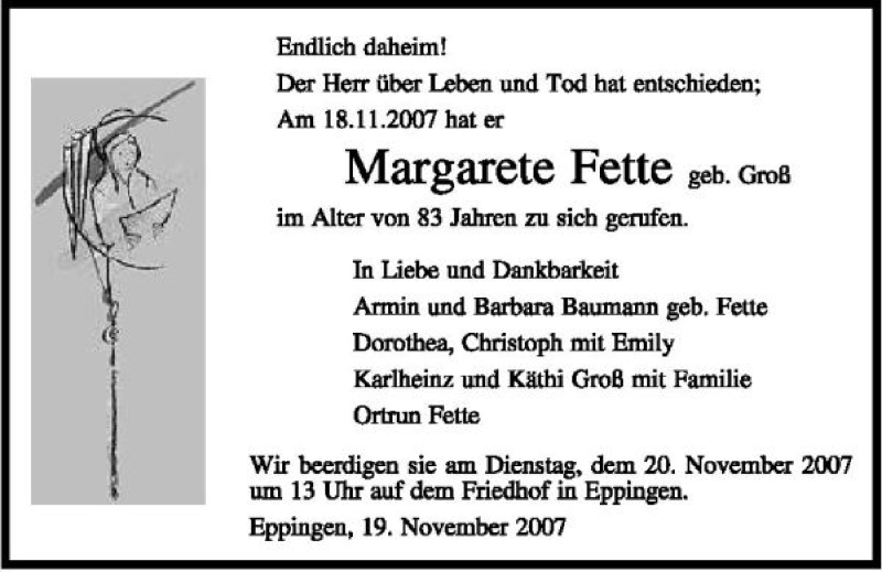  Traueranzeige für Margarete Fette vom 19.11.2007 aus 