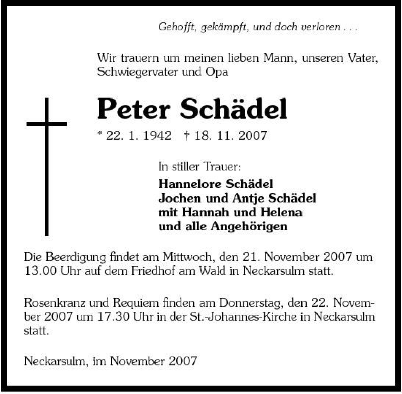  Traueranzeige für Peter Schädel vom 20.11.2007 aus 