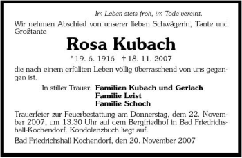 Traueranzeige von Rosa Kubach 