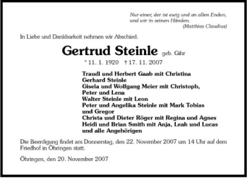 Traueranzeige von Gertrud Steinle 