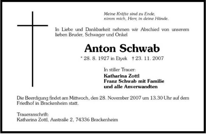  Traueranzeige für Anton Schwab vom 26.11.2007 aus 
