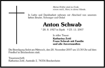 Traueranzeige von Anton Schwab 