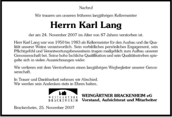 Traueranzeige von Karl Lang 