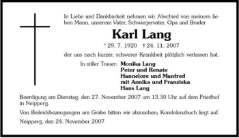 Traueranzeige von Karl Lang 