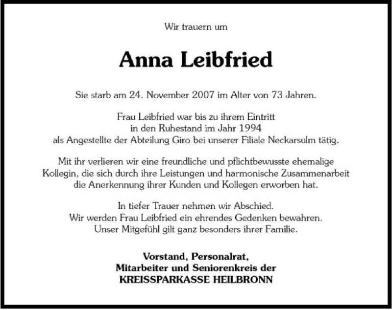  Traueranzeige für Anna Leibfried vom 27.11.2007 aus 