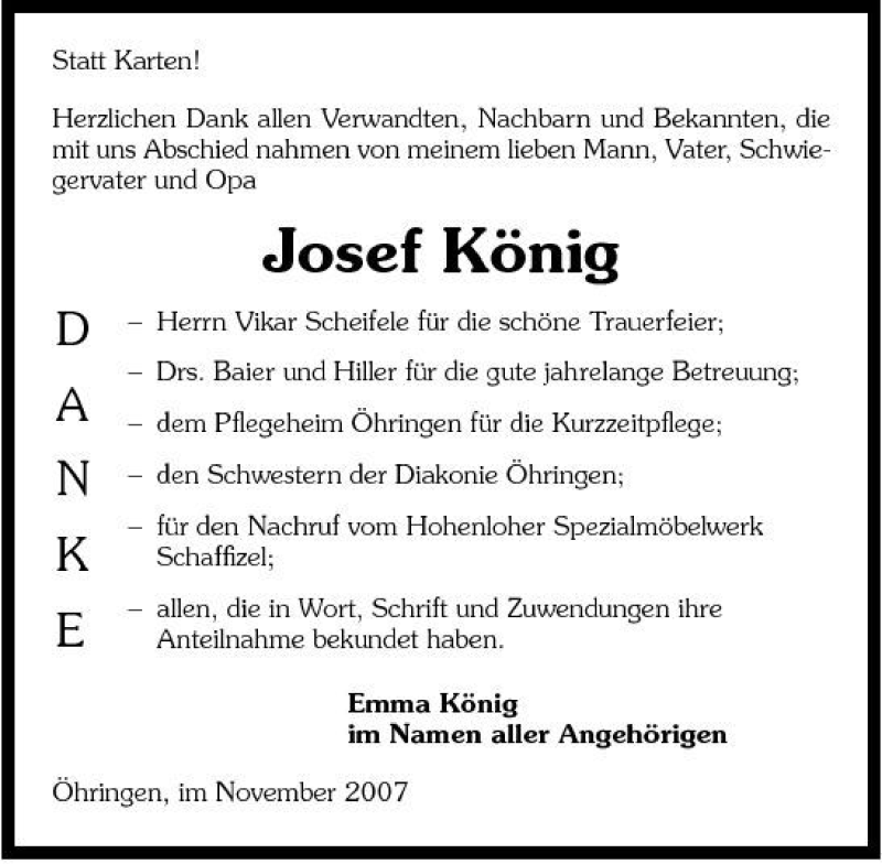  Traueranzeige für Josef König vom 27.11.2007 aus 