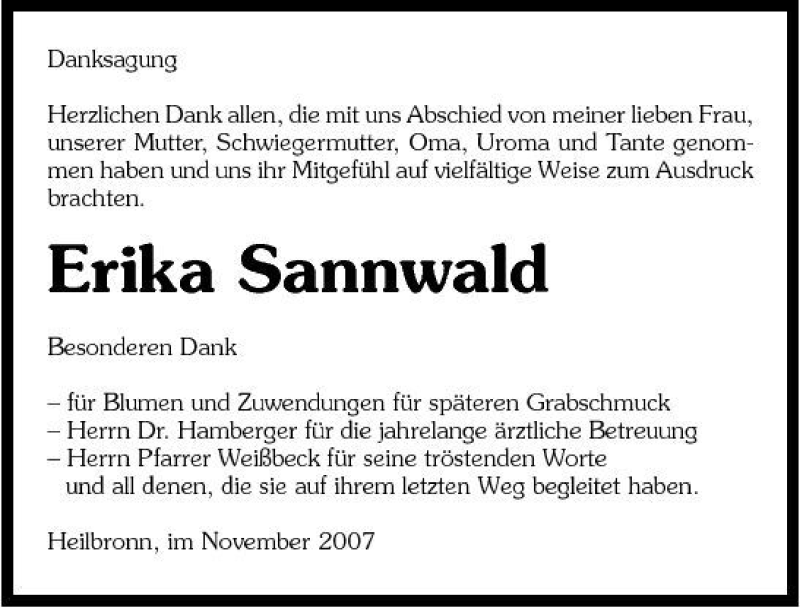  Traueranzeige für Erika Sannwald vom 28.11.2007 aus 