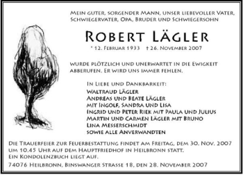 Traueranzeige von Robert Lägler 