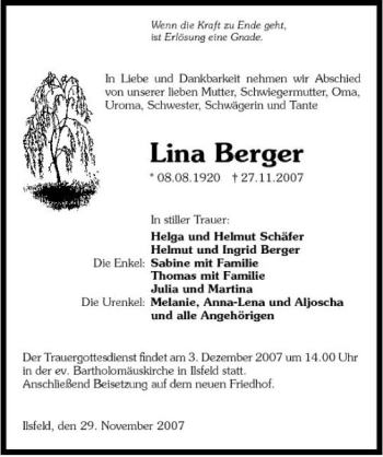 Traueranzeige von Lina Berger 