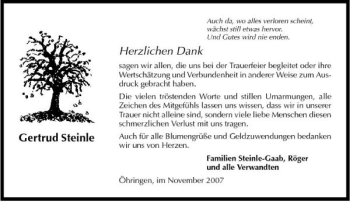 Traueranzeige von Gertrud Steinle 