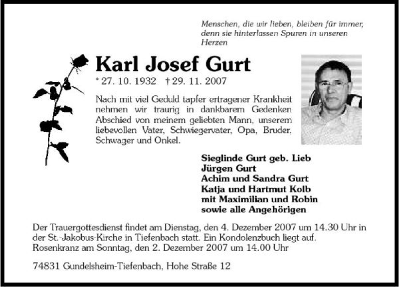  Traueranzeige für Karl Josef Gurt vom 01.12.2007 aus 