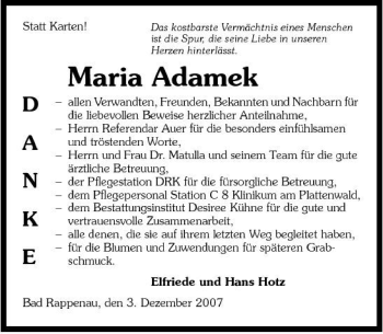 Traueranzeige von Maria Adamek 