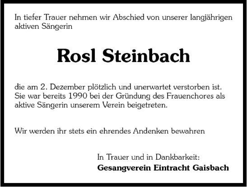  Traueranzeige für Rosl Steinbach vom 05.12.2007 aus 
