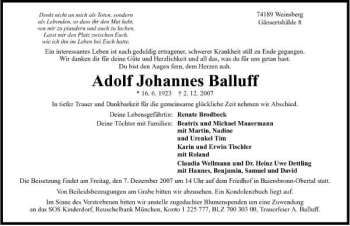 Traueranzeige von Adolf Johannes Balluff 