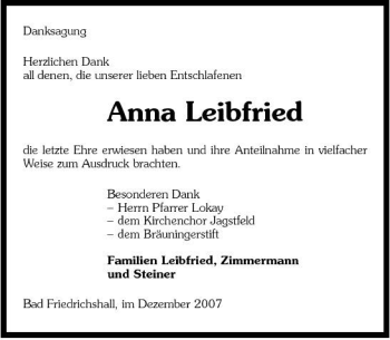 Traueranzeige von Anna Leibfried 