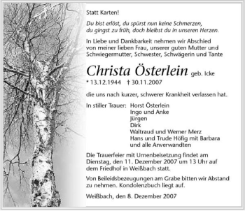 Traueranzeige von Christa Österlein 