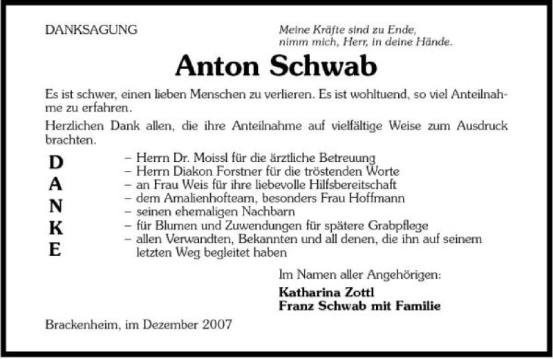  Traueranzeige für Anton Schwab vom 08.12.2007 aus 