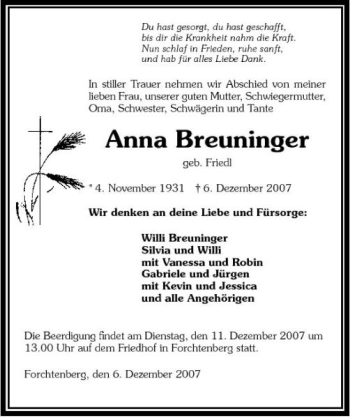 Traueranzeige von Anna Breuninger 