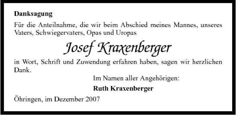  Traueranzeige für Josef Kraxenberger vom 08.12.2007 aus 