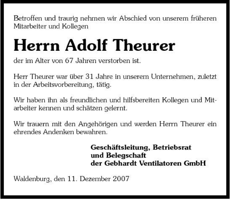  Traueranzeige für Adolf Theurer vom 13.12.2007 aus 