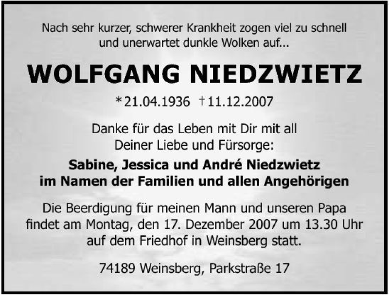  Traueranzeige für Wolfgang Niedzwietz vom 13.12.2007 aus 