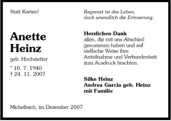 Traueranzeige von Anette Heinz 