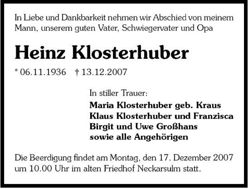  Traueranzeige für Heinz Klosterhuber vom 14.12.2007 aus 