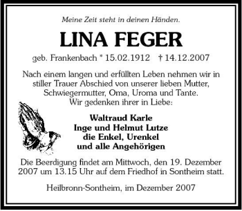 Traueranzeige von Lina Feger 